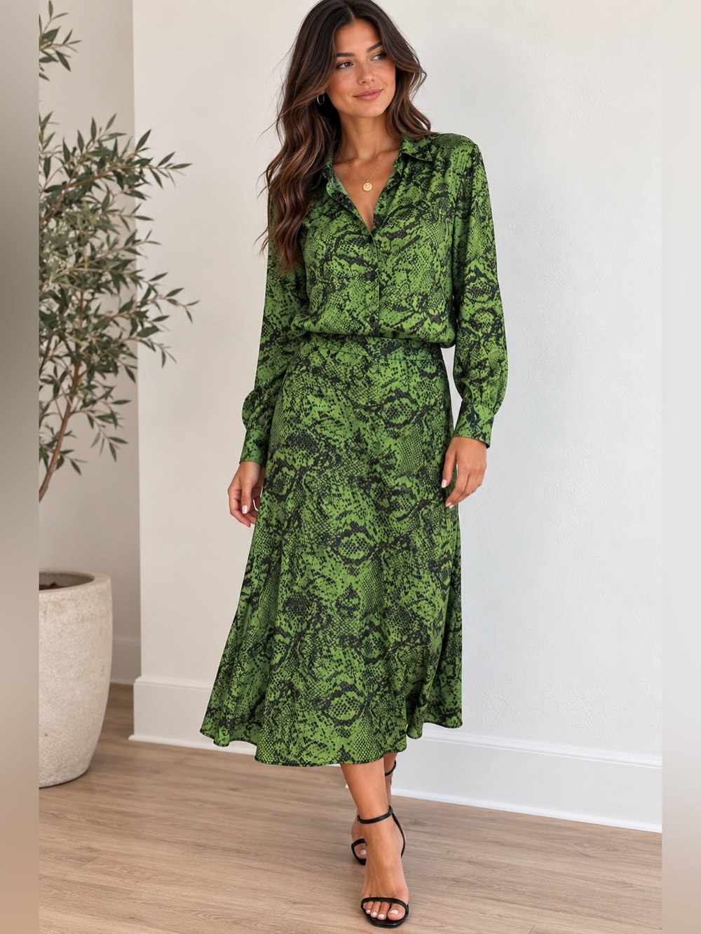 Angie Green Snakeskin Print Button Up Blouse & Midi Skirt Set Size S